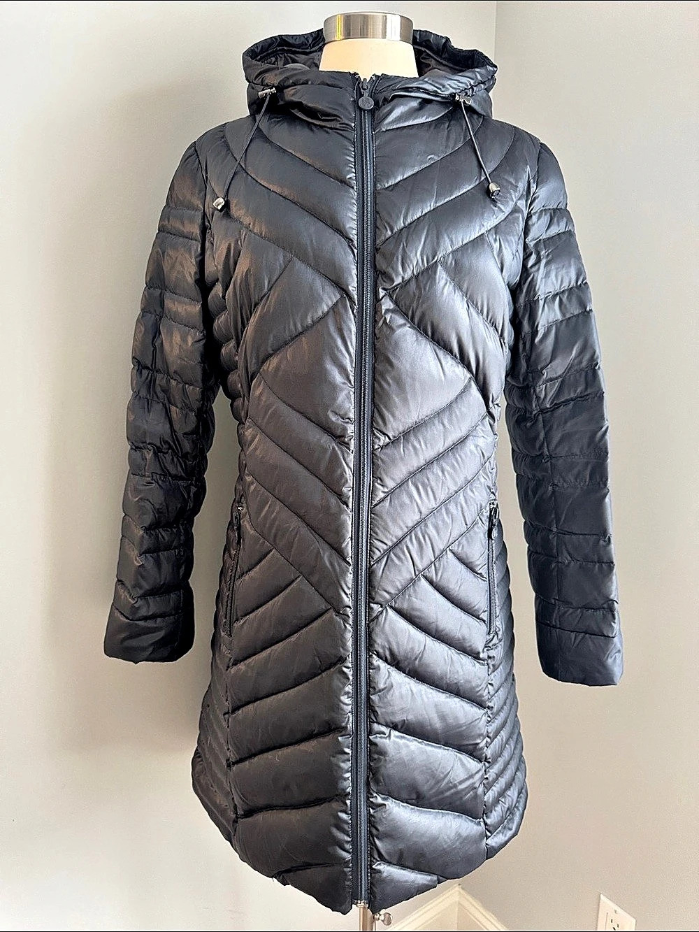 Bernardo Hooded Quilted Packable Down Puffer Full Length Coat Steel Blue Large